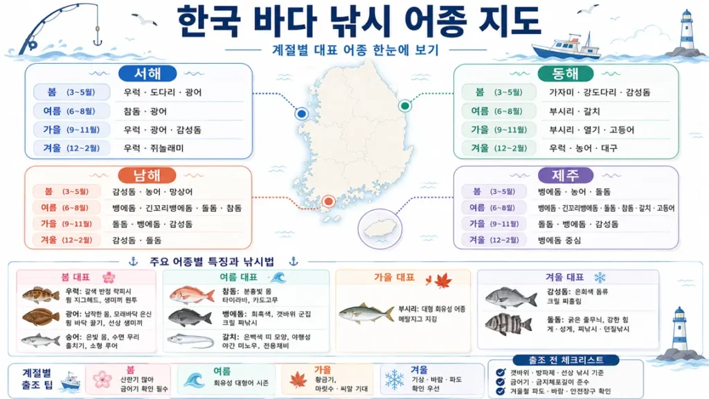 한국 바다 계절별 낚시 어종 지도 - 서해·동해·남해·제주 추천 어종