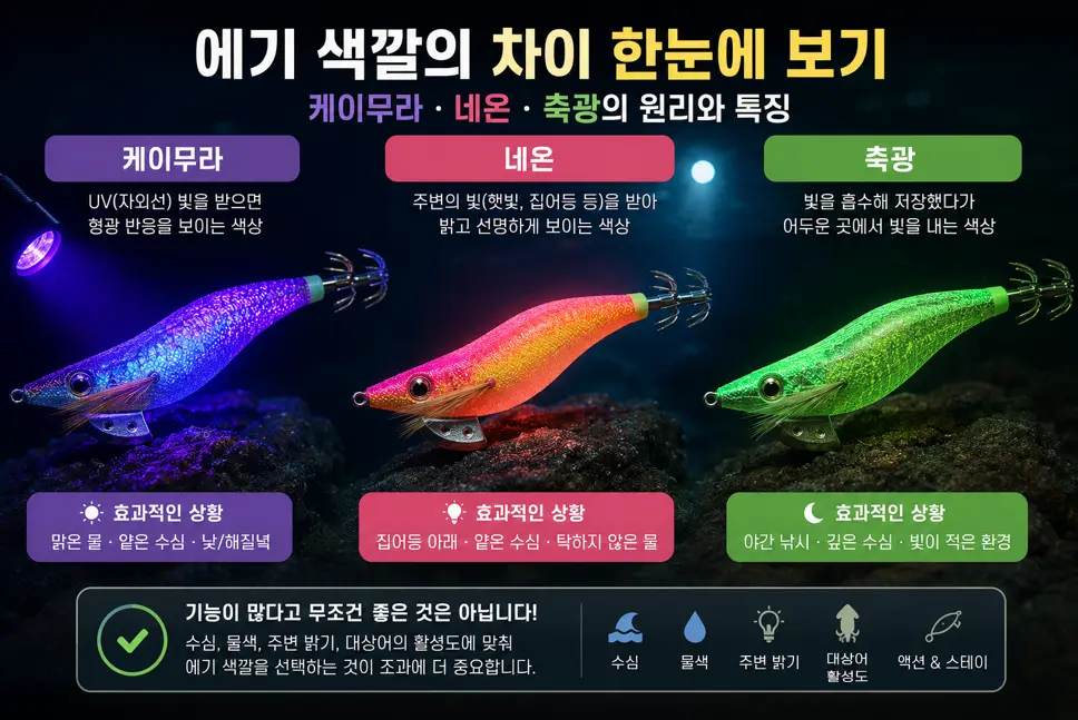 에기 색깔 케이무라 네온 축광 차이 비교